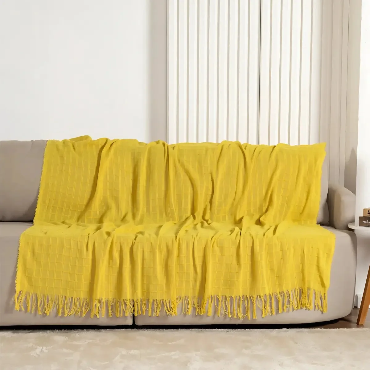 Manta Sofá 100% Algodão Amarelo 1,70x2,40 Franjas Decorativa