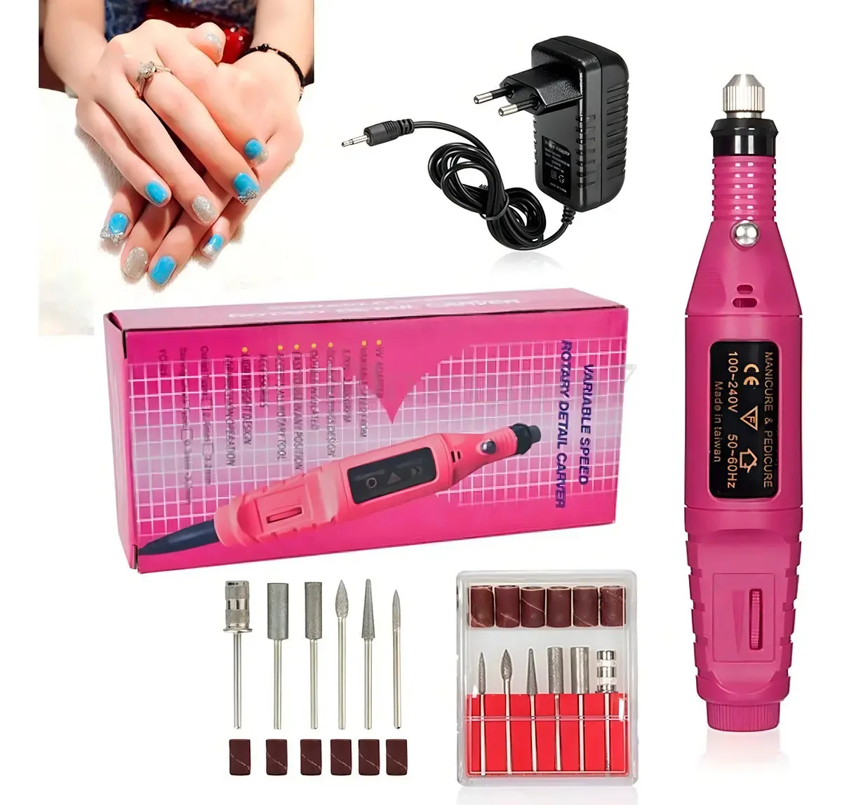 Aparelho De Manicure Rosa Portátil Elétrico Brocas