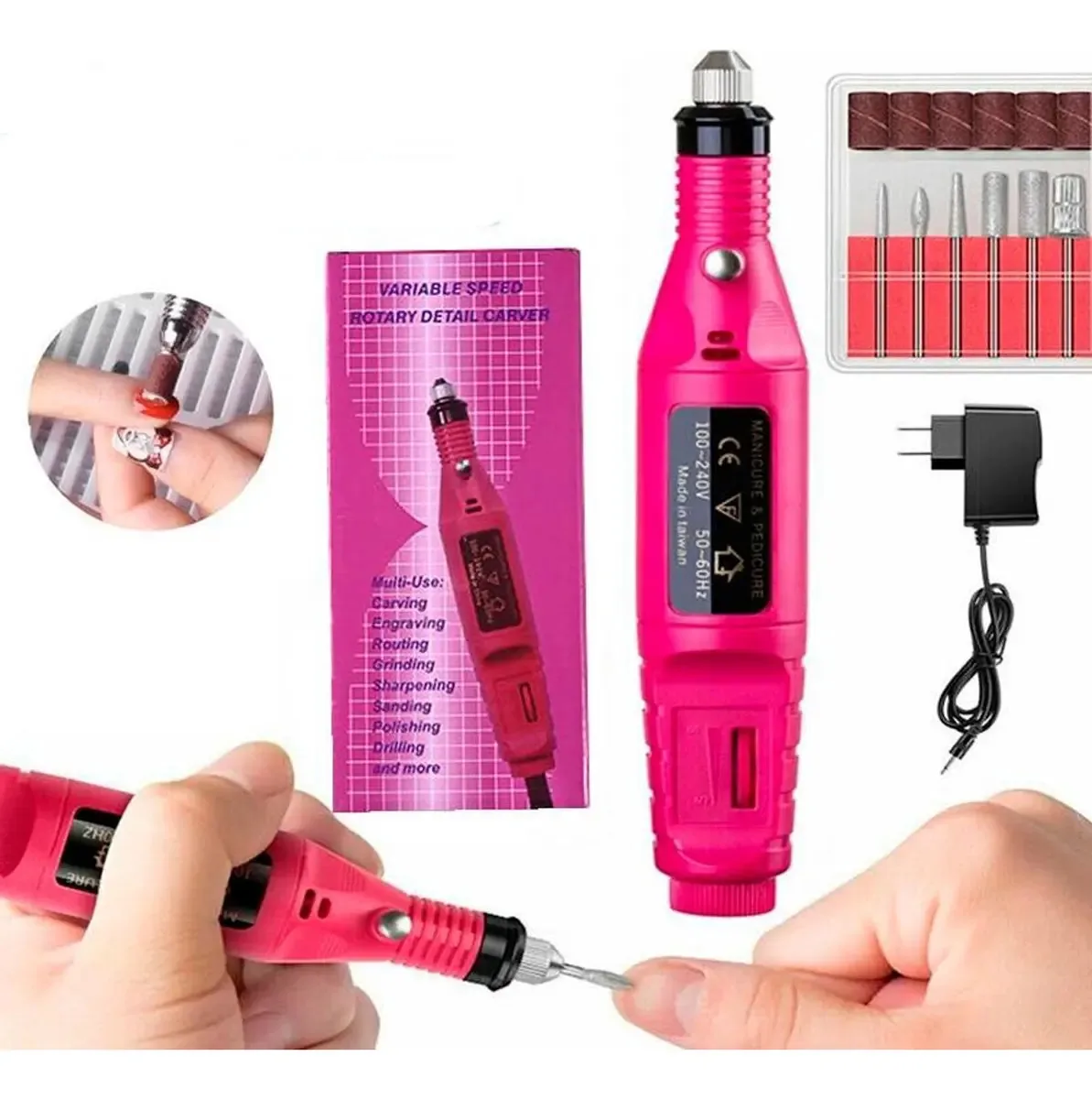 Aparelho De Manicure Rosa Recarregável Com Brocas