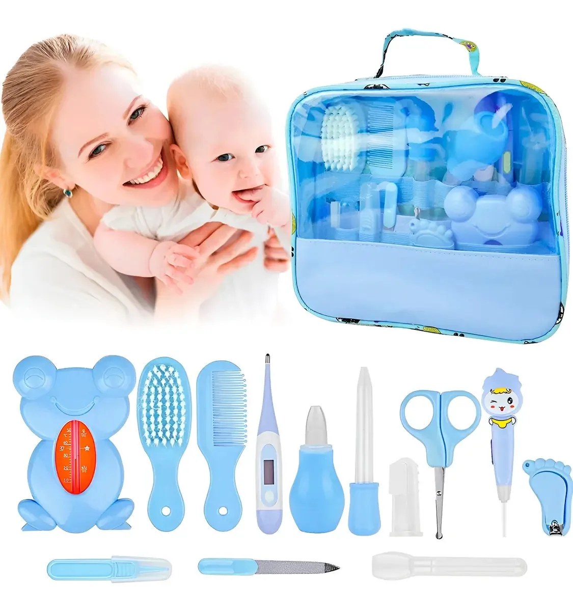 Kit Higiene Infantil Azul Bolsa Aspirador Nasal Tesoura