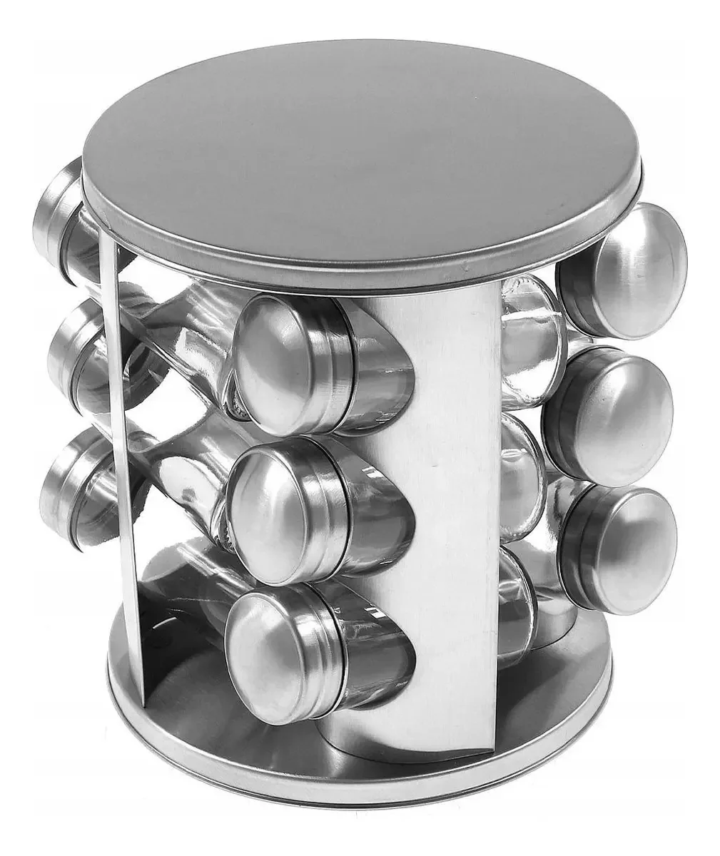 Conjunto Porta Temperos Vidro Giratório Tampa Inox