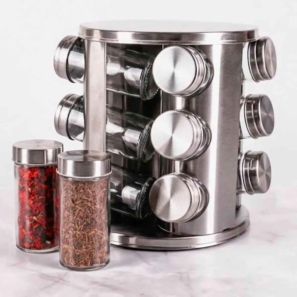 Conjunto Porta Temperos Giratório Vidro Tampa Inox Cozinha