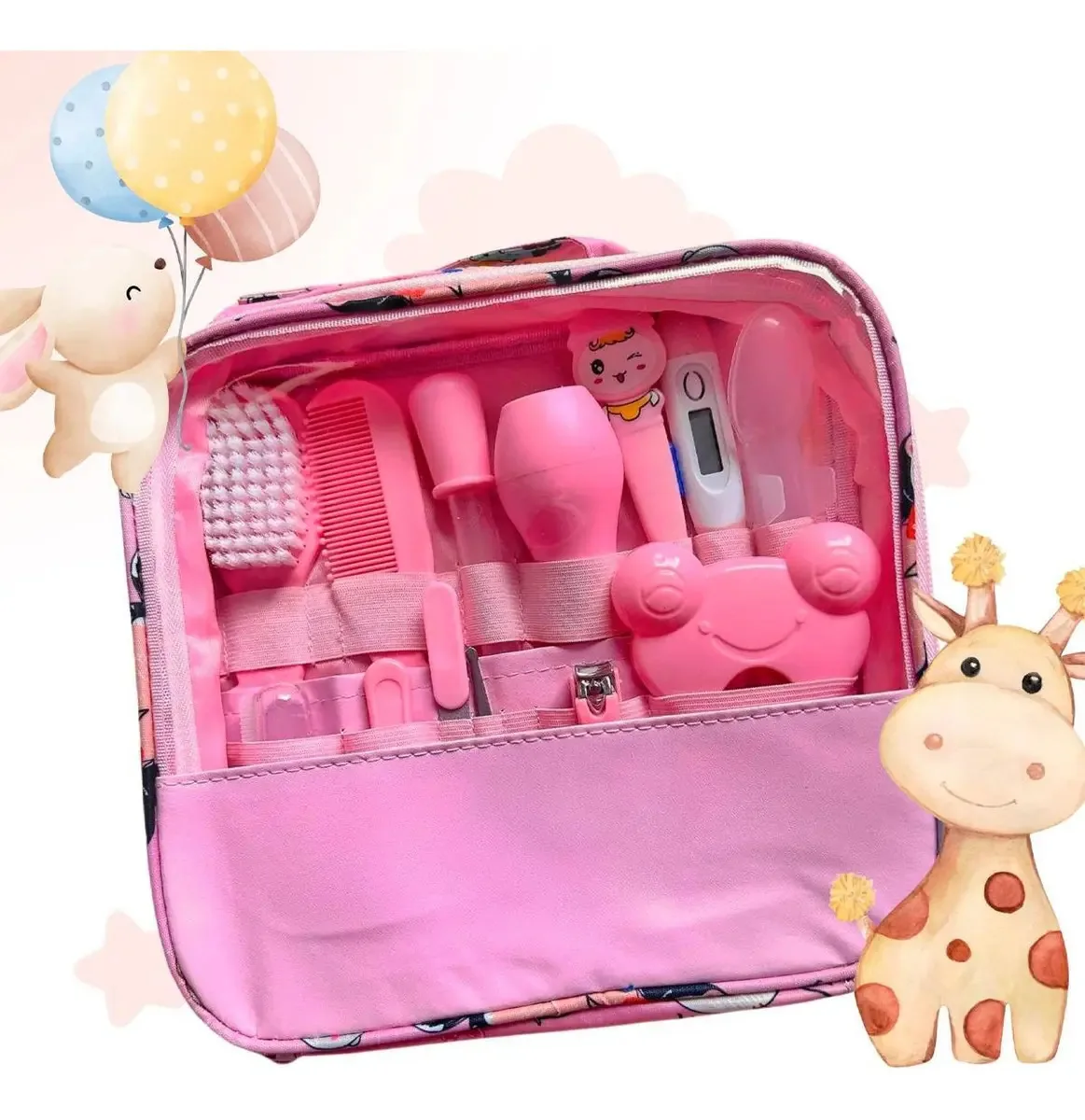 Kit Higiene Bebê Rosa Escova Tesoura Aspirador Nasal