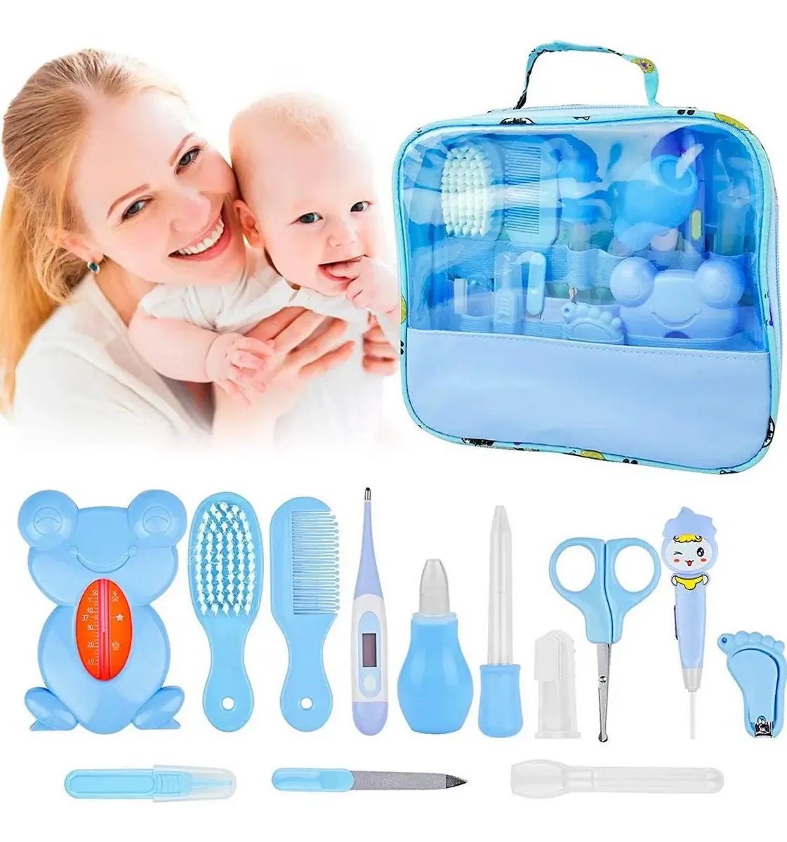 Kit Higiene Azul Bebê Aspirador Nasal Bolsa Pente Termômetro