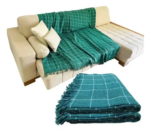 Manta Sofá Kazarumada Algodão 100% Verde e Branco 240x180 cm Quadriculado