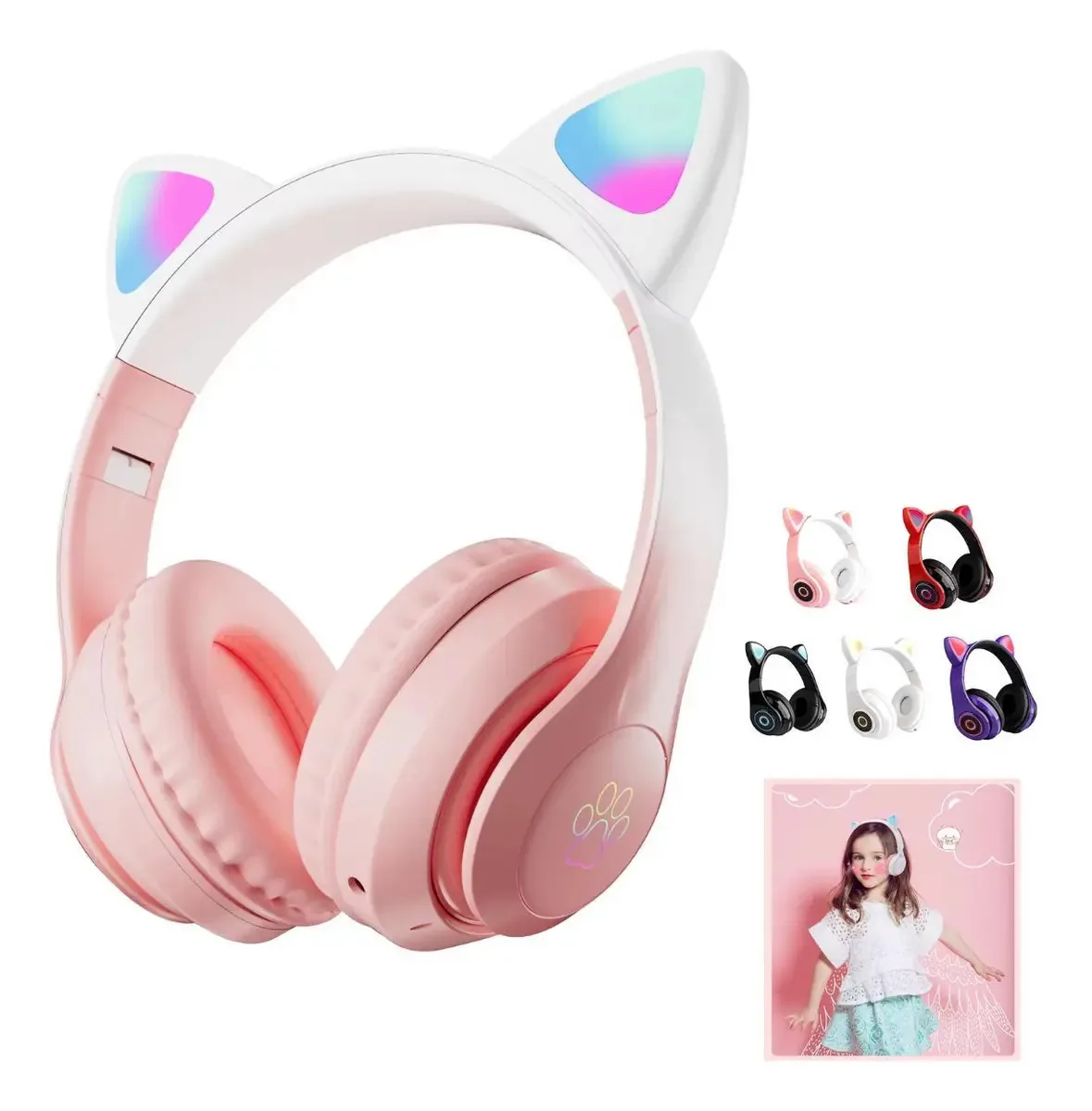 Fone Ouvido Gatinho Bluetooth Infantil Led Meninos E Meninas
