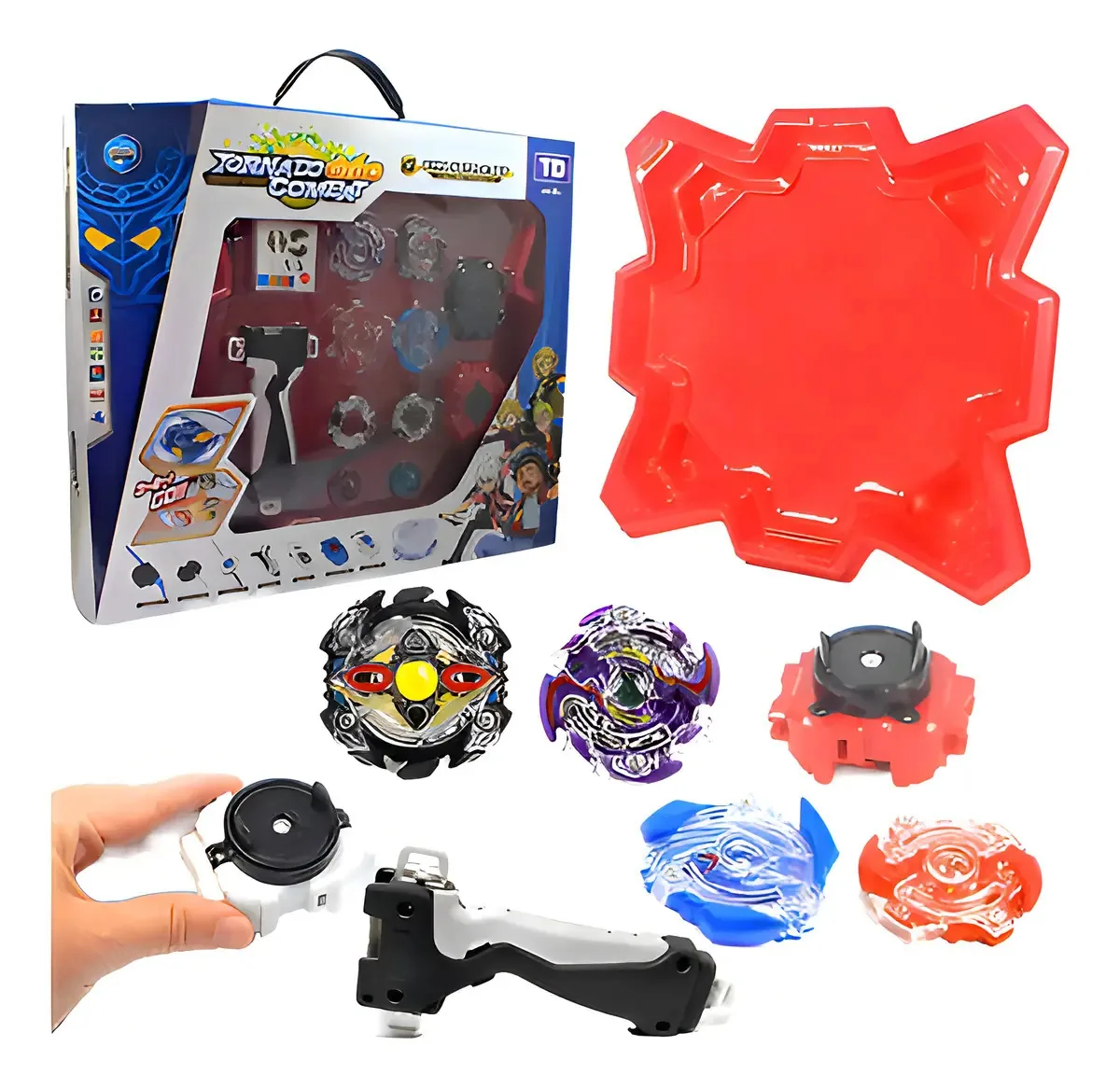 Maleta de Beyblades Tornado Elite com 8 Piões, Lançador e Arena Vermelha