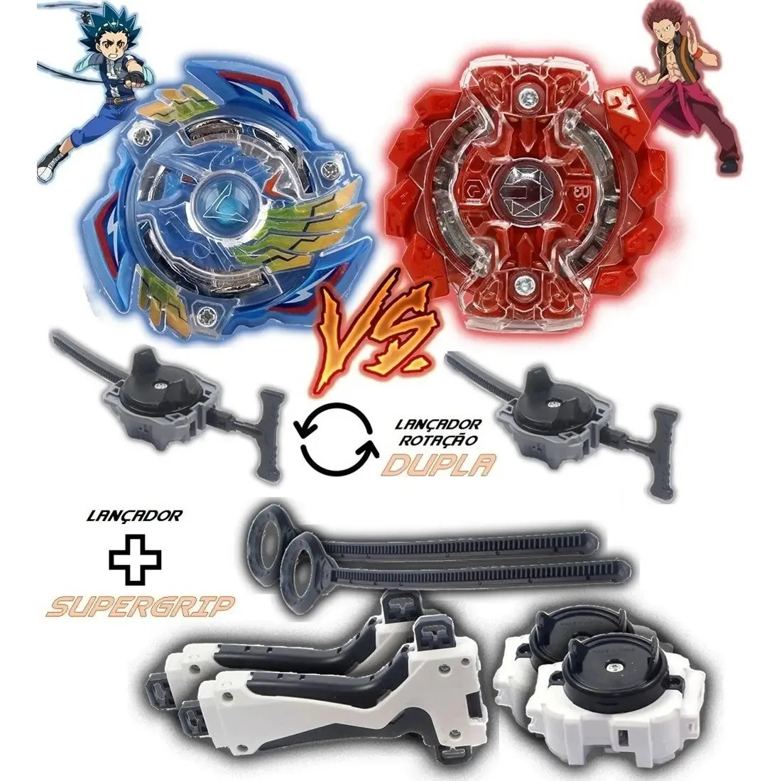 Kit 2 Beyblade Burst + 4 Lançadores Valtryek Vs Gaianon