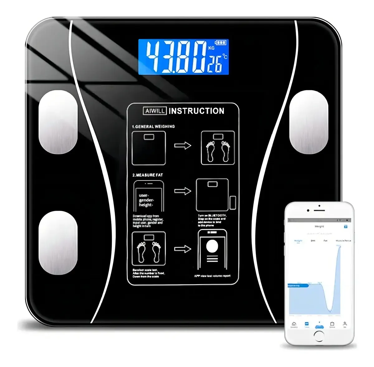 Balança Corporal Bioimpedância Bluetooth Vidro Preto