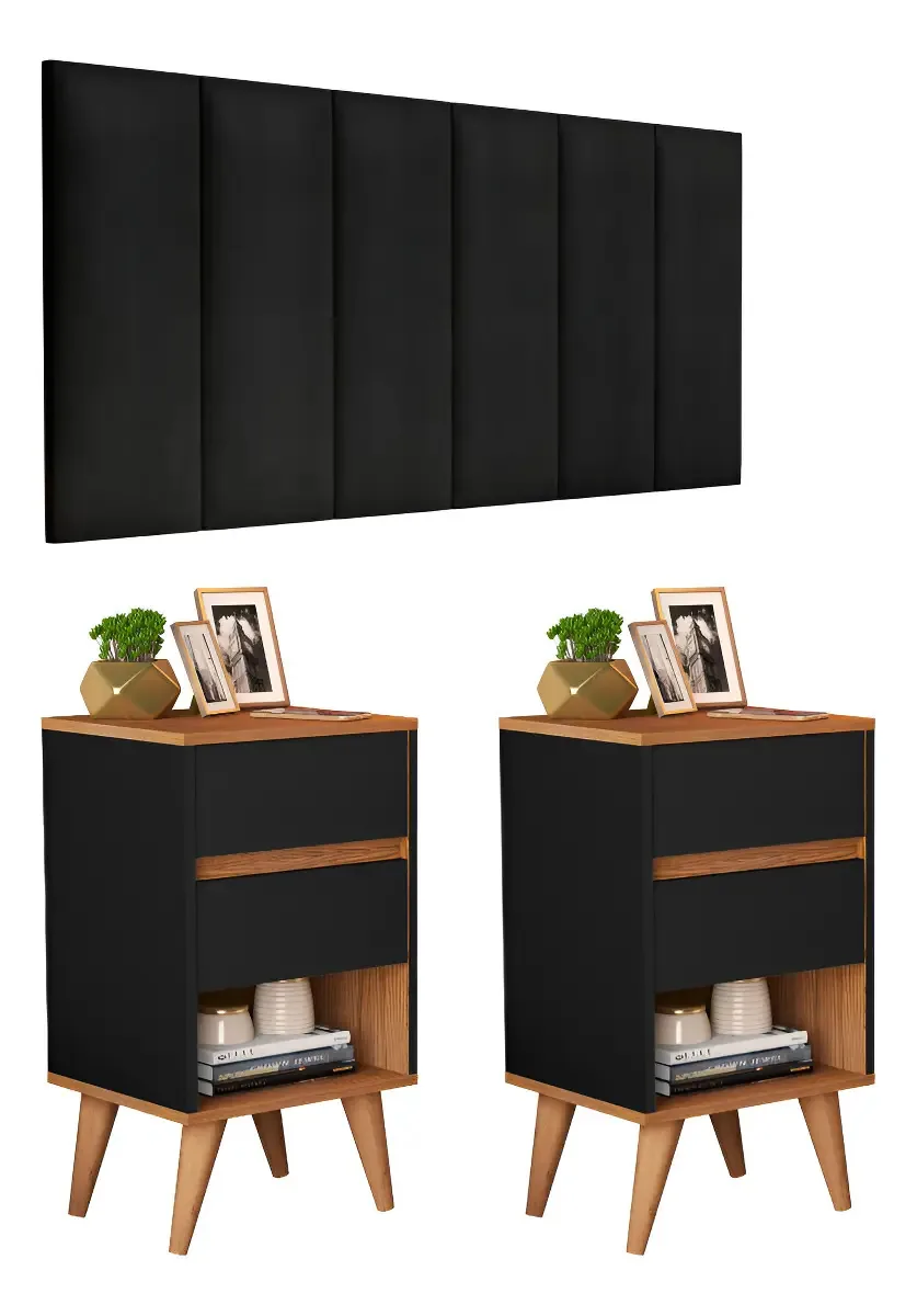 Conjunto Quarto 2 Mesas De Cabeceira Queen 1,60 Duda Fosco Preto