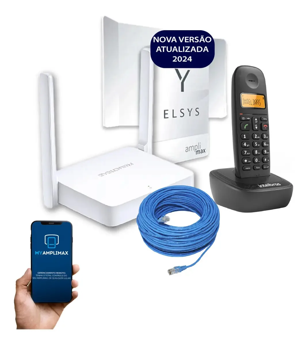 Kit Internet e Celular Rural Amplimax EPRL12 voz e dados Roteador Telefone sem fio Cabo 100m Elsys