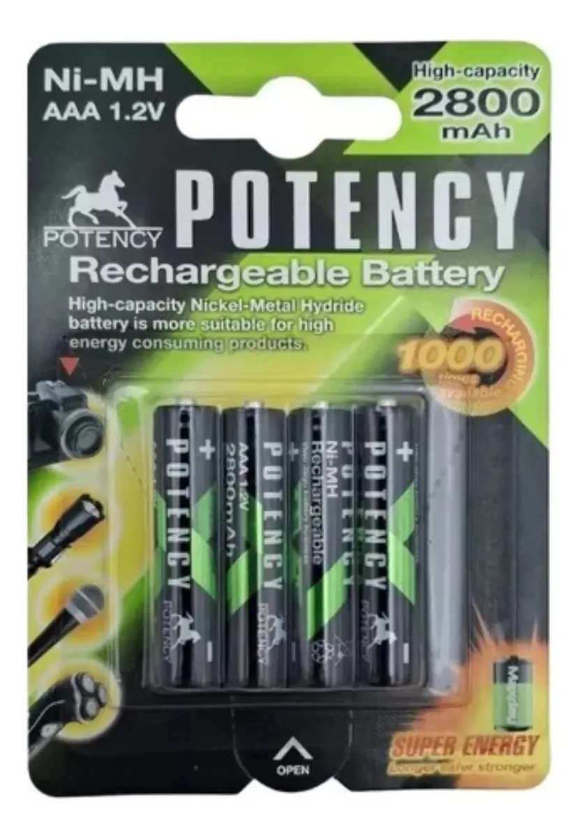 Pilhas Recarregáveis Potency AAA 2800mAh Kit 4 Unidades Cilíndricas