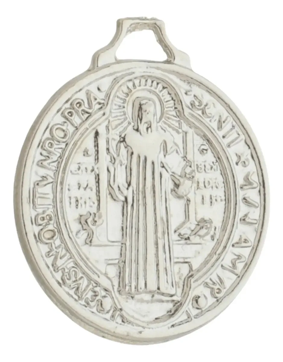 100 Medalha Pingente São Bento 1,5x1,2 Cm Montagem De Terços Níquel