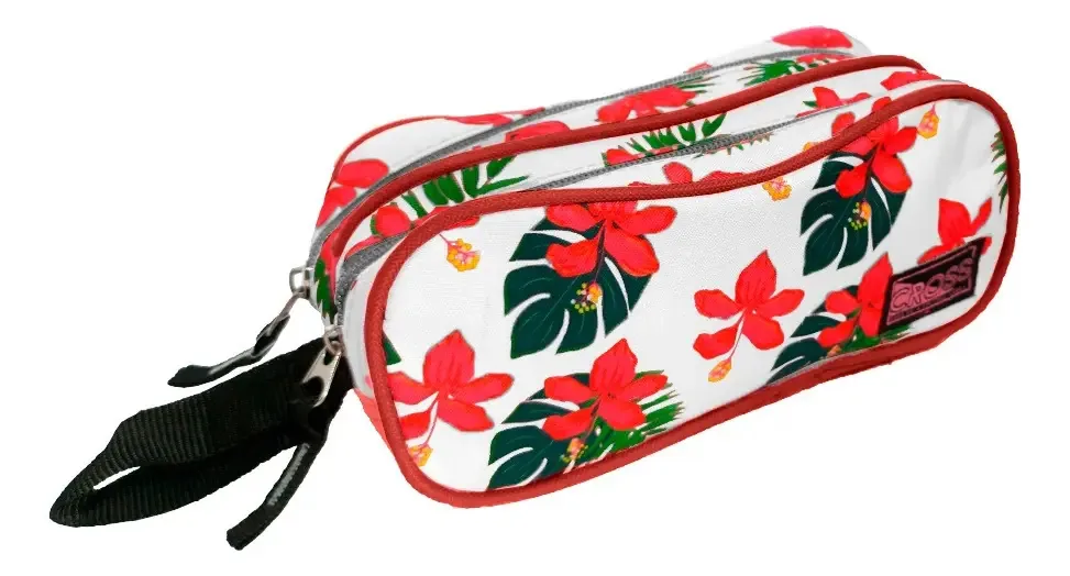 Estojo Duplo Feminino Branco Flores Material Escolar Juvenil