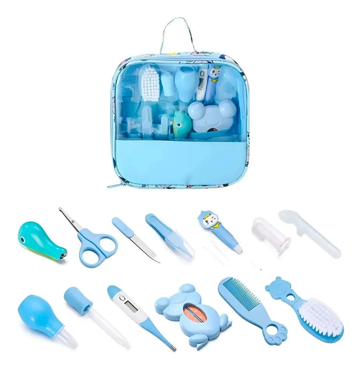 Kit Higiene Azul Bebê Tesoura Escova Aspirador Nasal Bolsa