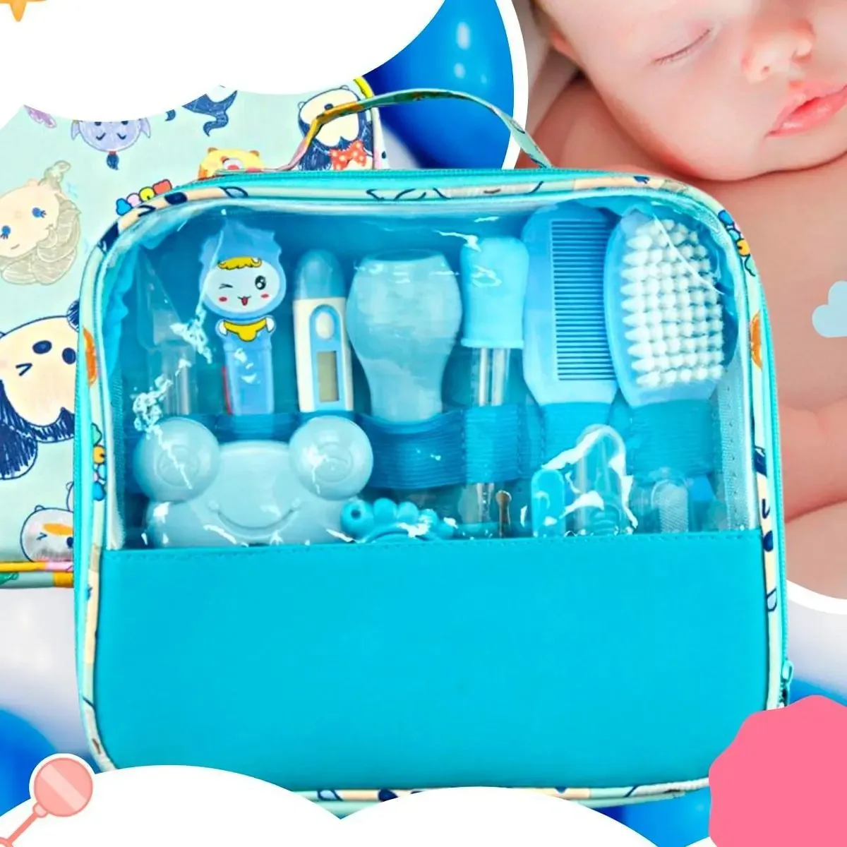 Kit Higiene Bebê Azul Escova Tesoura Aspirador Nasal Bolsa