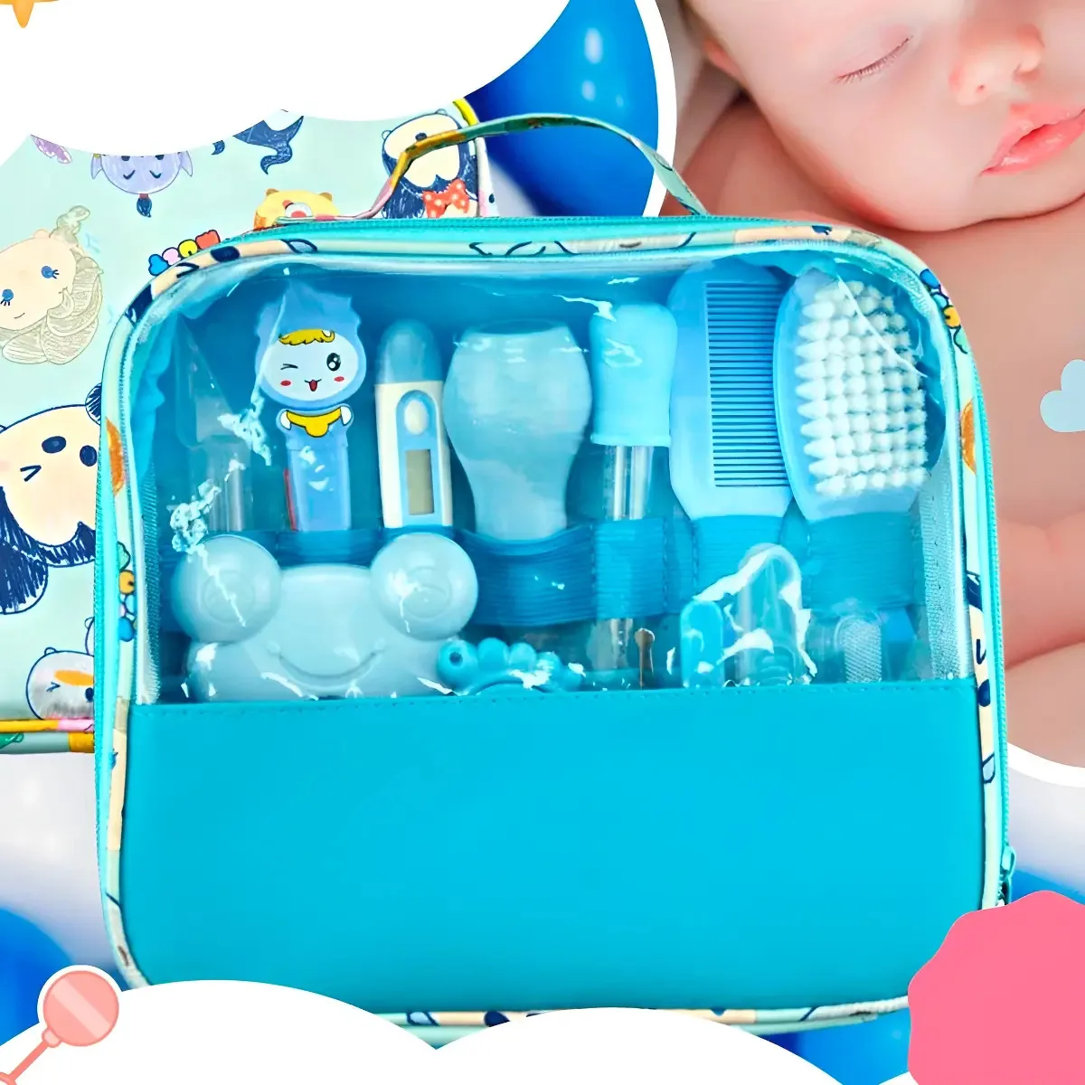 Kit Higiene Azul Bebê Tesoura Escova Aspirador Nasal Bolsa