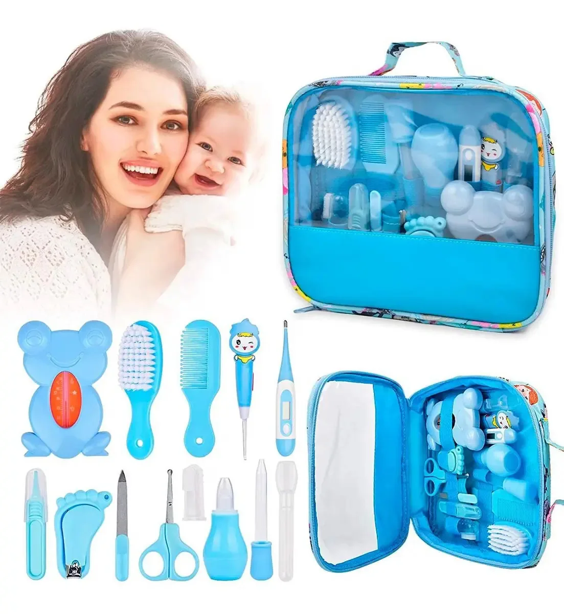 Kit Higiene Bebê Azul Escova Tesoura Aspirador Nasal Bolsa