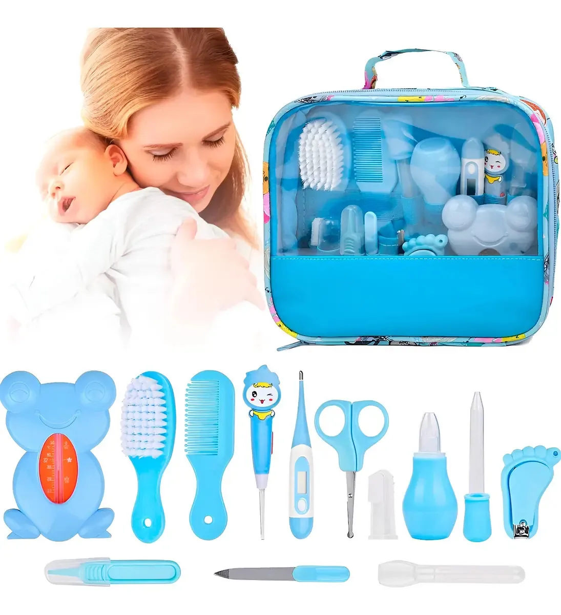 Kit Higiene Bebê Azul Aspirador Nasal Escova Tesoura