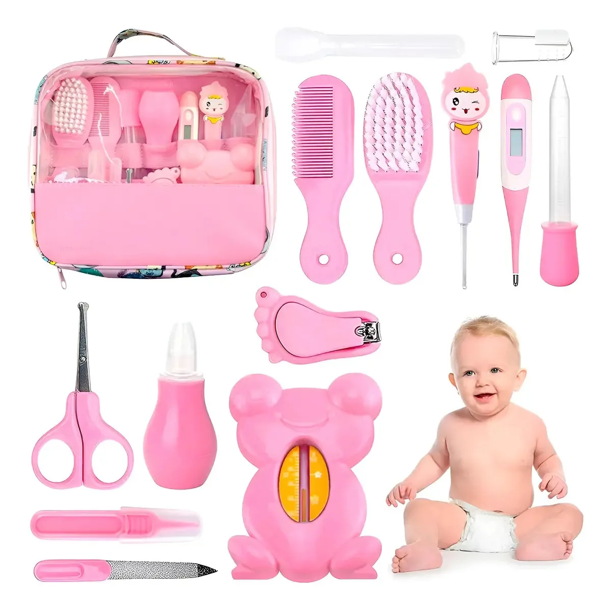 Kit Higiene Bebê Rosa Aspirador Nasal Bolsa Pente