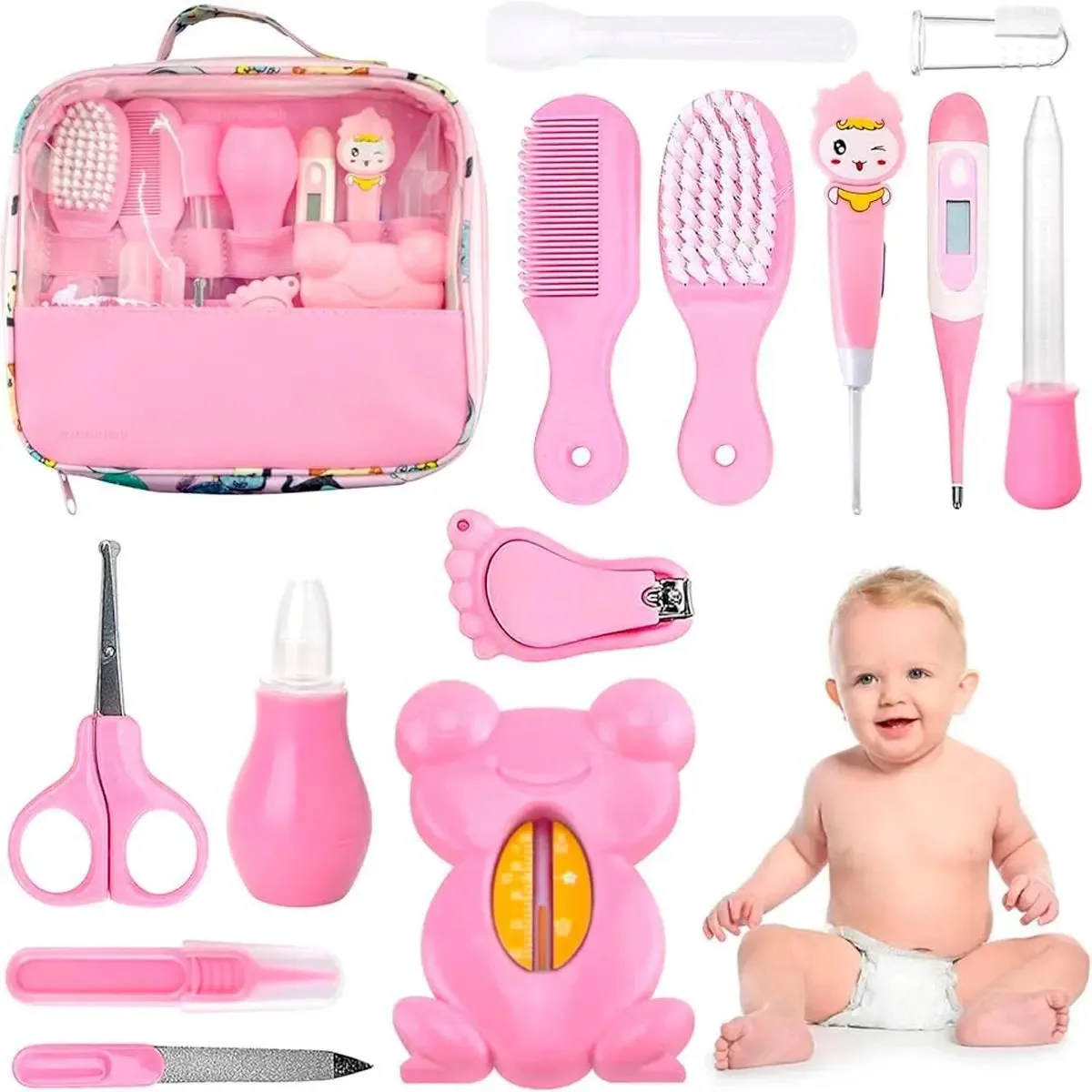 Kit Higiene Bebê Rosa Aspirador Nasal Bolsa Cortador