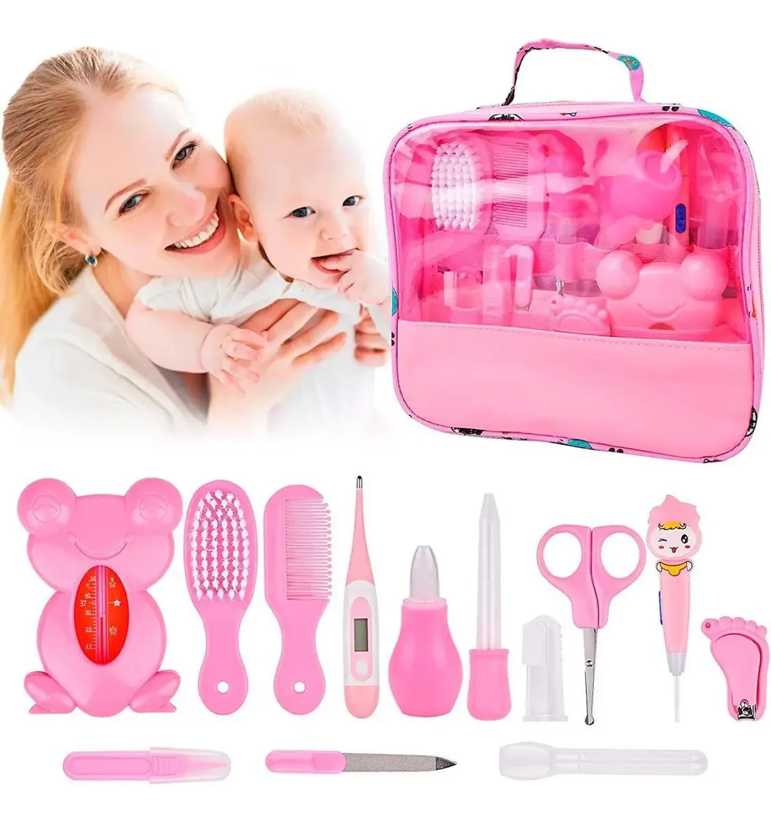 Kit Higiene Infantil Bebê Rosa Aspirador Nasal Bolsa