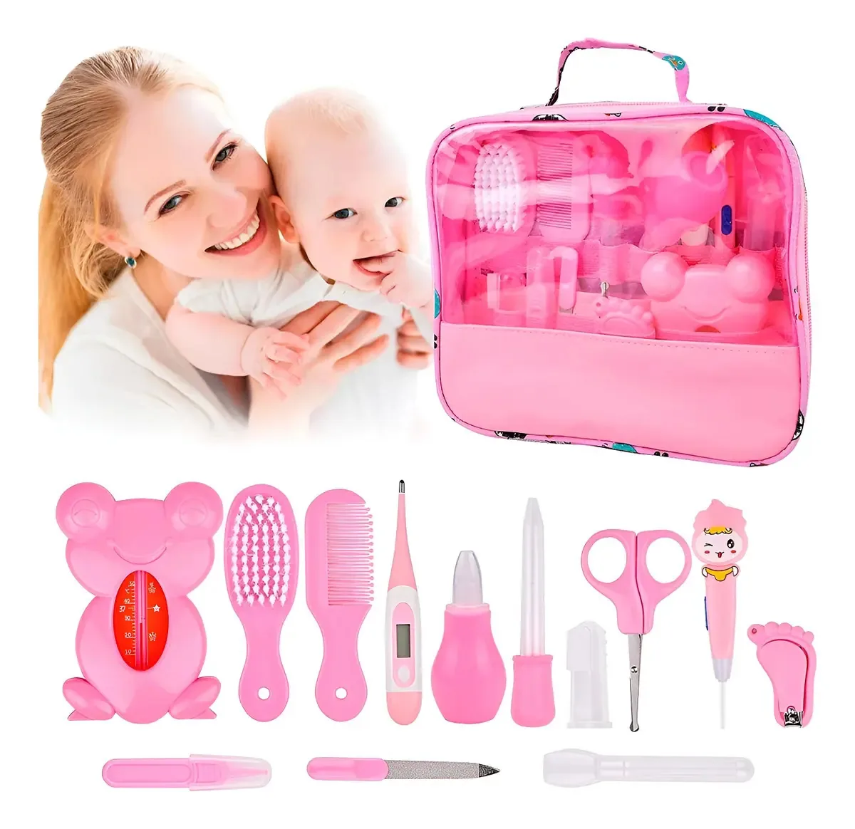 Kit Higiene Bebê Rosa Aspirador Nasal Escova De Dedo Bolsa