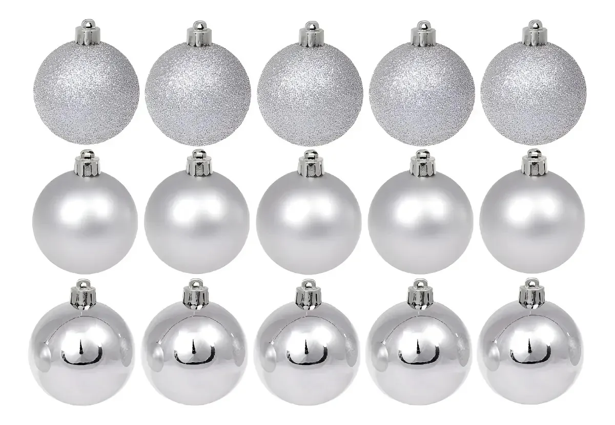 Kit 15 Bolinhas De Natal 4cm Enfeites Natalinos Decoração Prata Lisa/fosca/glitter Kaprot
