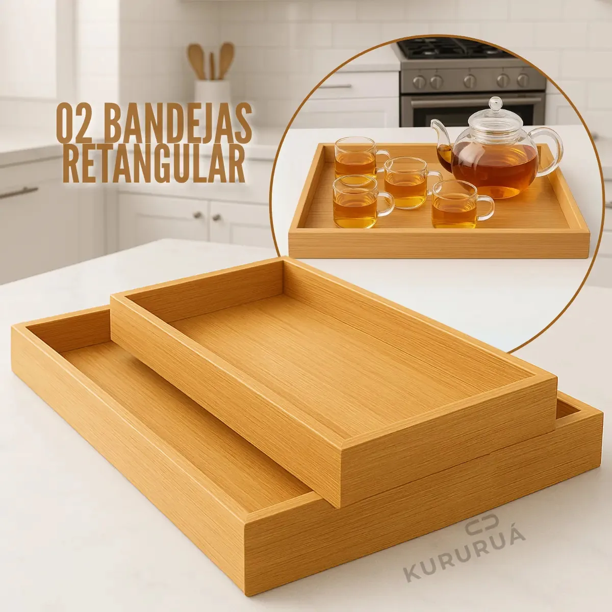 Kit 2 Bandeja De Bambu Para Cozinha Conjunto Retangular Marca Kururuá