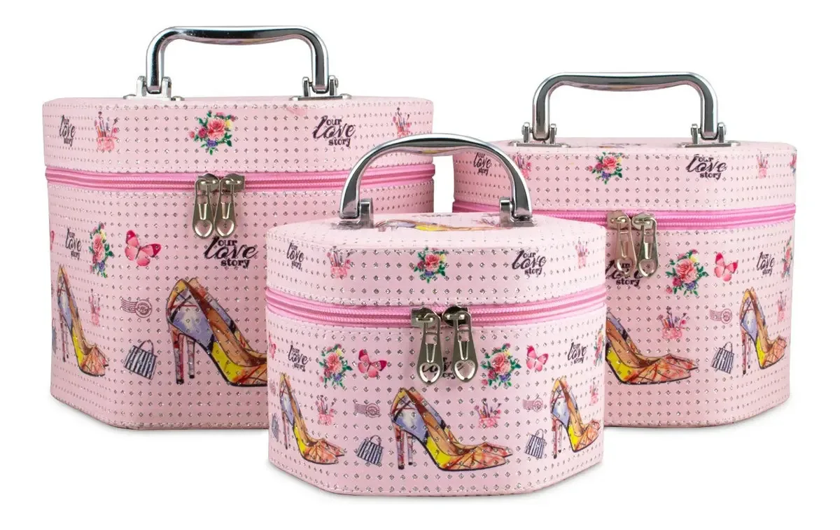 Kit 3 Necessaires Feminina Maleta Caixa Organizadora Alça Cor Rosa 1
