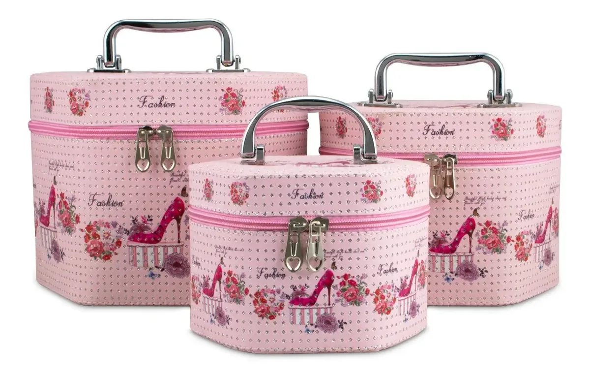 Kit 3 Necessaires Feminina Maleta Caixa Organizadora Alça Cor Rosa 2