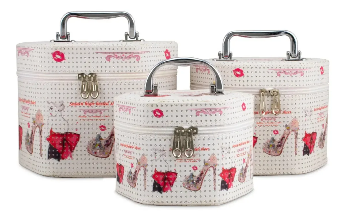 Kit 3 Necessaires Feminina Maleta Caixa Organizadora Alça Cor Branco 5