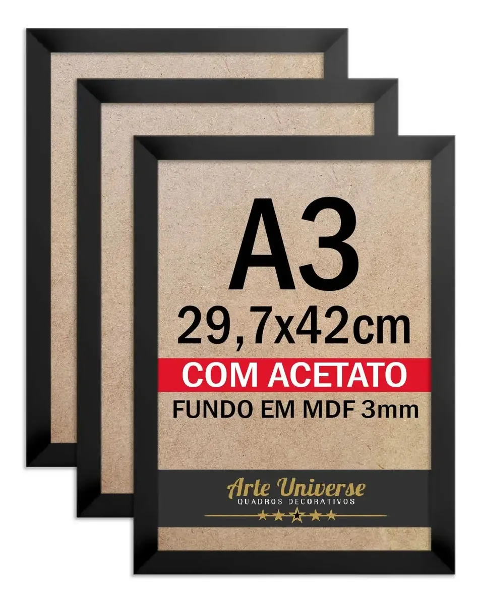 3 Molduras Para Posters Diplomas Fotos Com Acetato 29,7x42cm Cor Preta