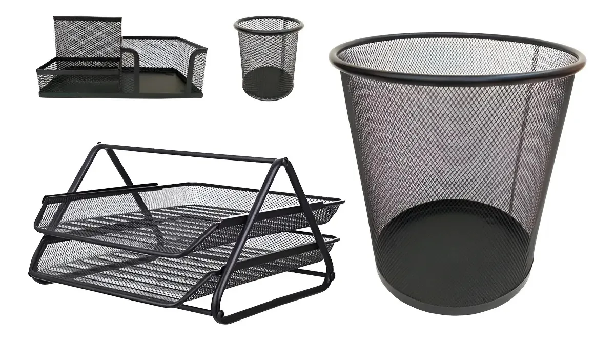 Kit Escritório Organizador Bandeja Lixeira Porta Lápis Preto