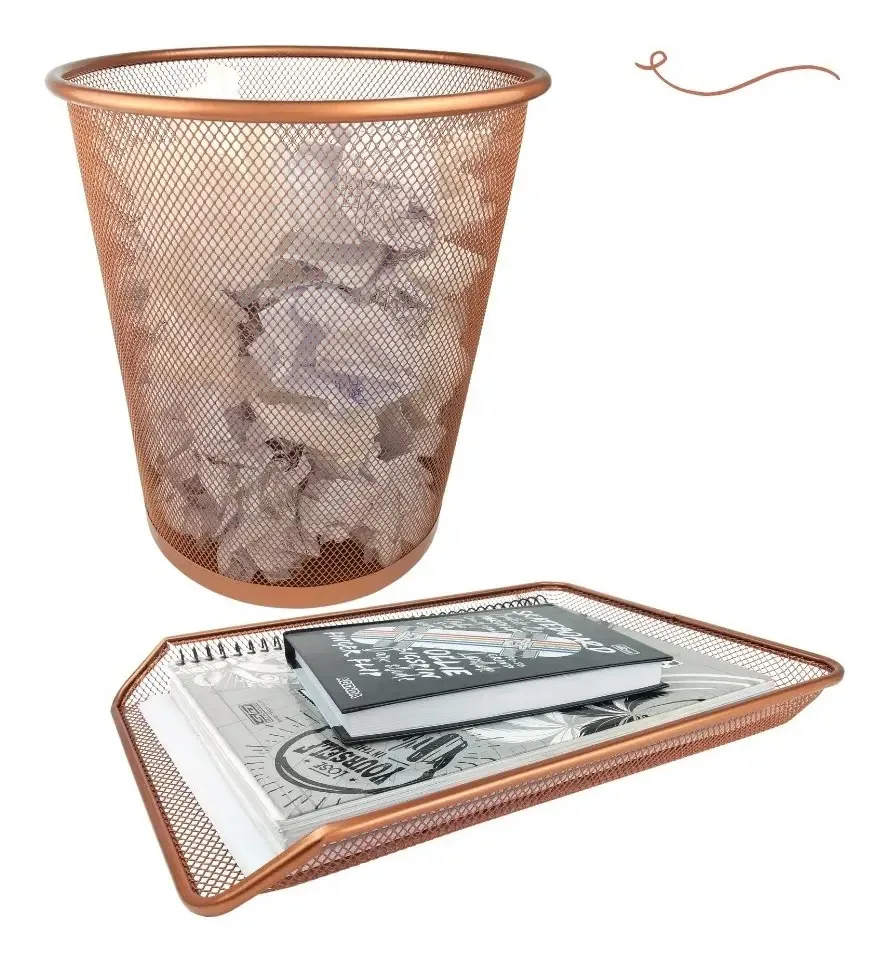 Kit Escritório Lixeira Bandeja Organizadora Papel Rose Gold