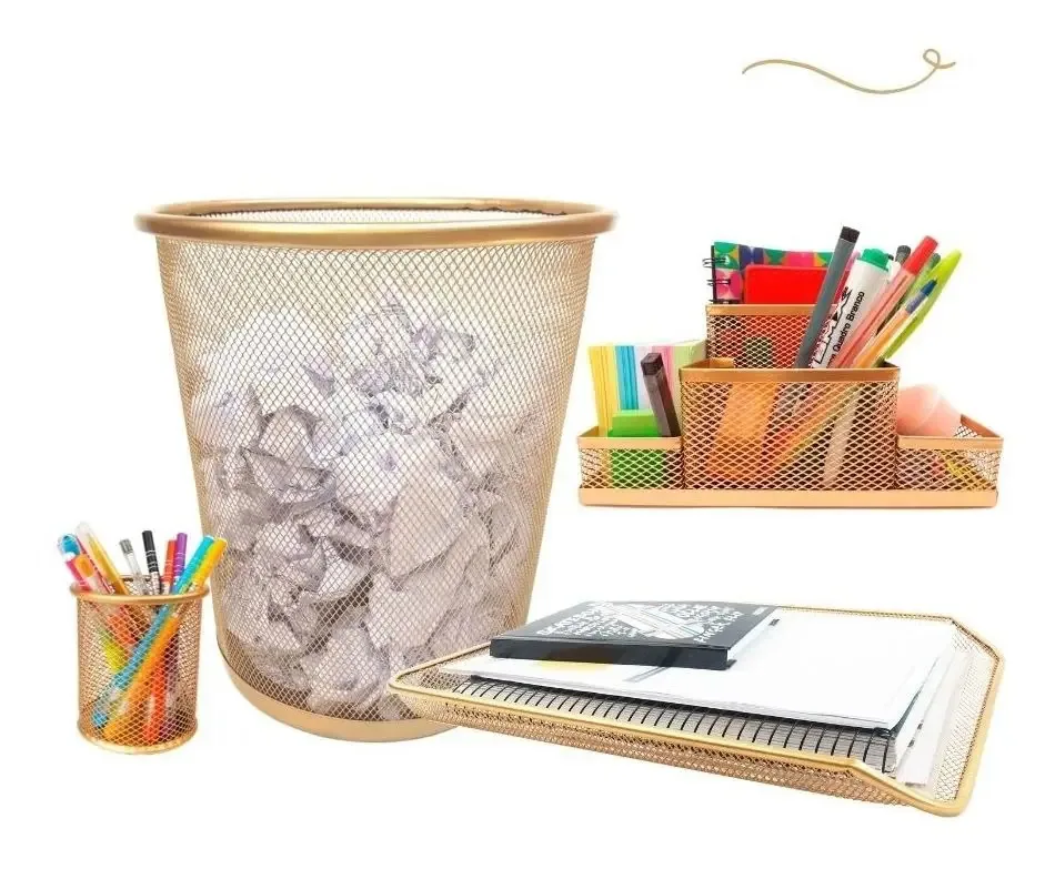 Kit Escritório Porta Caneta Lixeira Bandeja Organiza Dourado