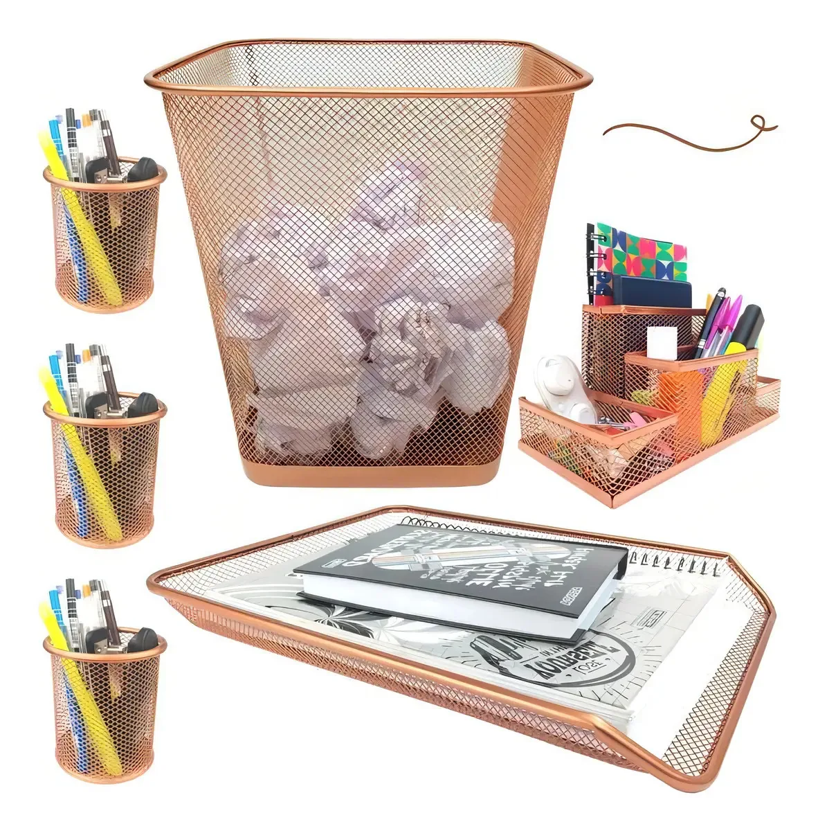 Kit Escritório Lixeira Retangular Organizador Mesa Bandeja