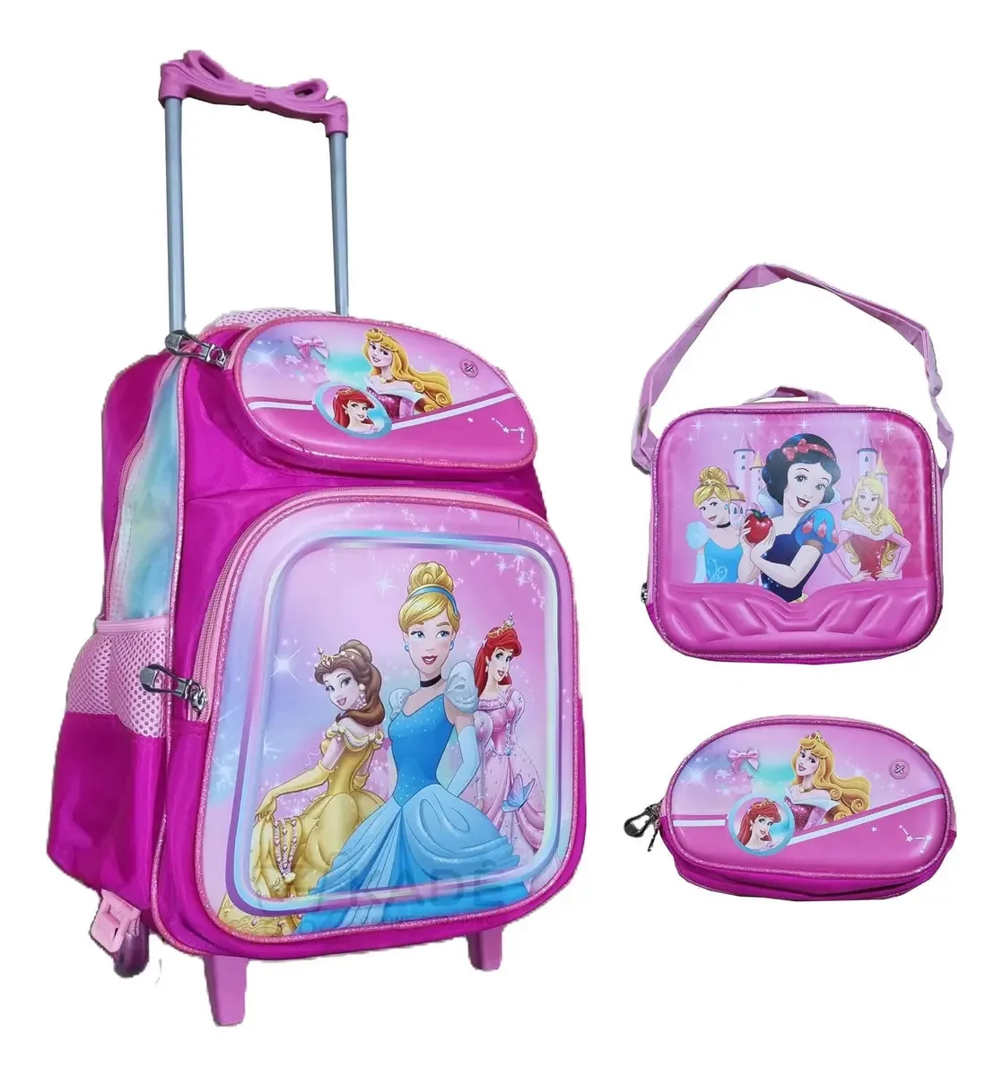 Kit Mochila Rodinhas C/ Estojo Lancheira Escolar Princesas