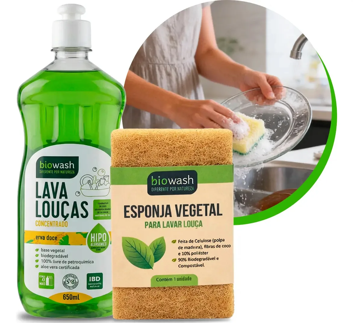 Detergente Lava Louças Biodegradável Erva Doce + Esponja