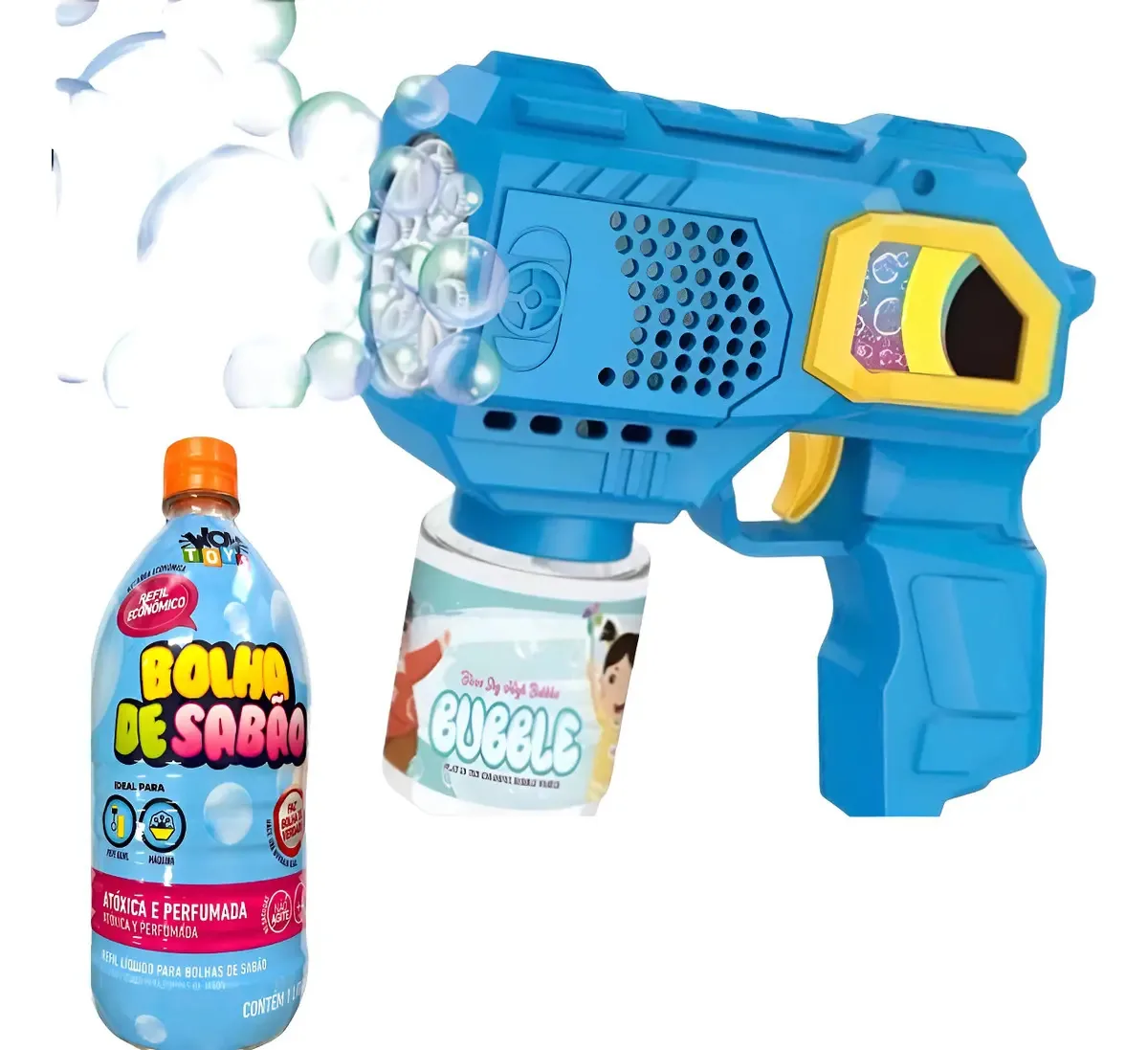 Maquina Pistola Lança Bolha Sabão Automática + Refil 1 Litro Cor Azul