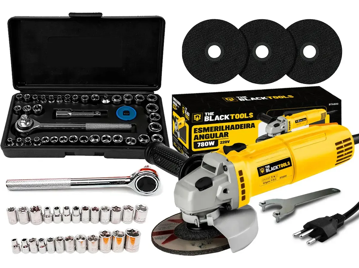 Esmerilhadeira Lixadeira Angular 780W Profissional 4.1/2 Com Jogo De Soquetes E Discos The Black Tools