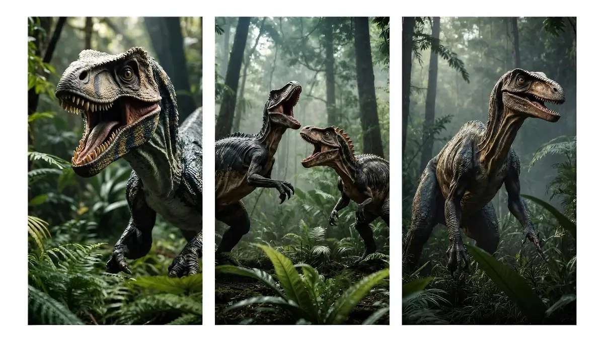 Quadro Decorativo Dinossauros Velociraptor Floresta Répteis
