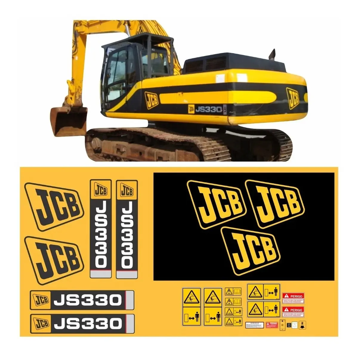 Kit Adesivos Decorativos e de Advertência para Escavadeira JCB JS330, 30 Peças