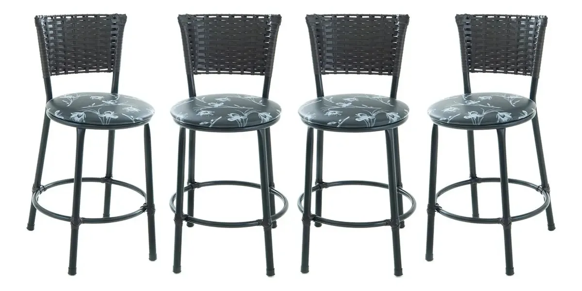 Kit 4 Banqueta Baixa Junco Tabaco Estilo E Conforto Cor Preto Florido