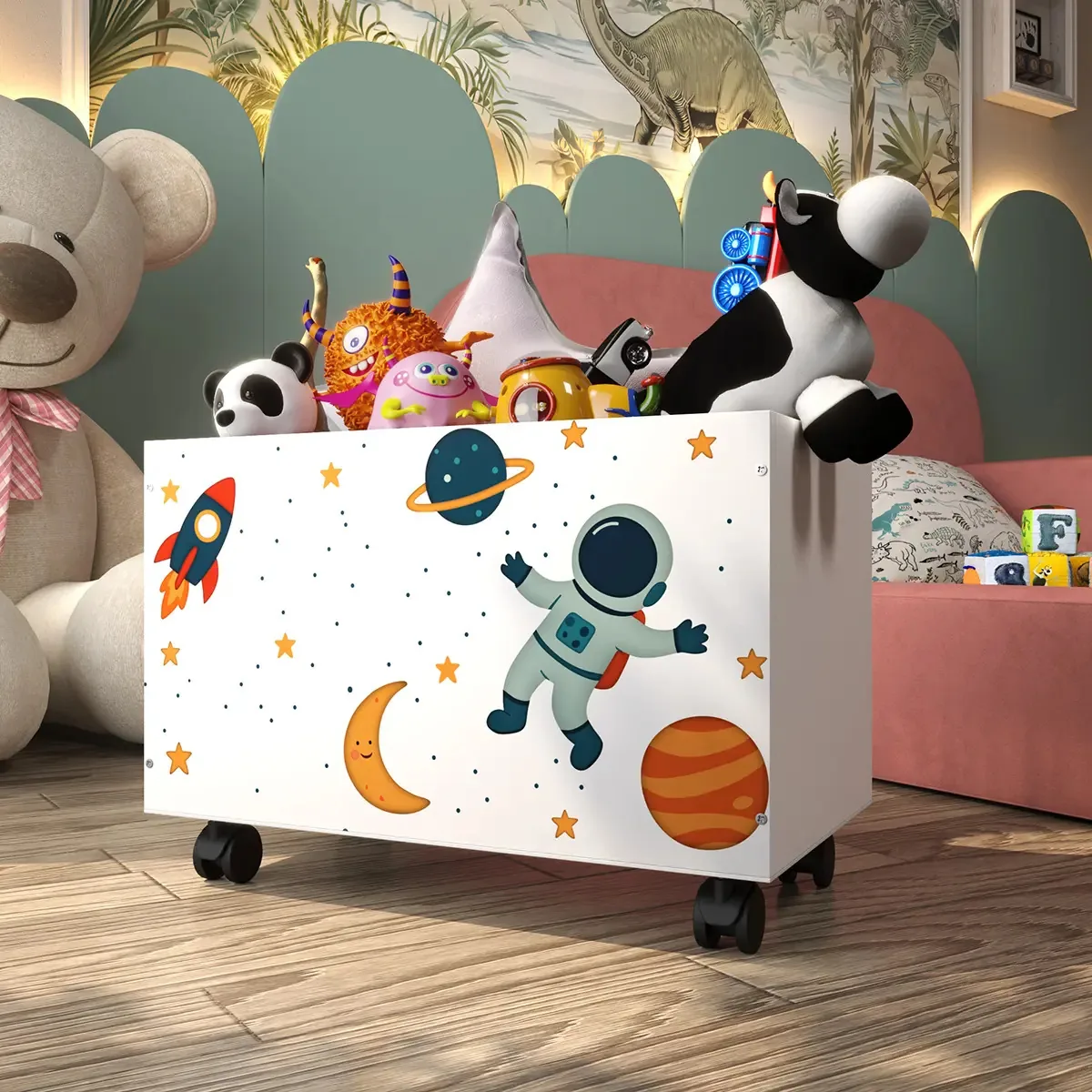 Caixa Organizadora Infantil Astronauta Com Rodízios Tema Espaço Para Brinquedos E Decoração Kids