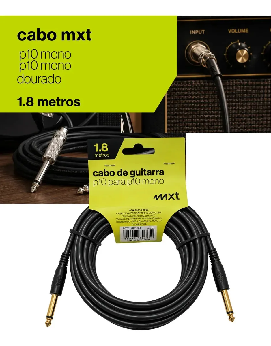 Cabo P10 MXT para Instrumentos Musicais de 1.8m, com Conectores Dourados