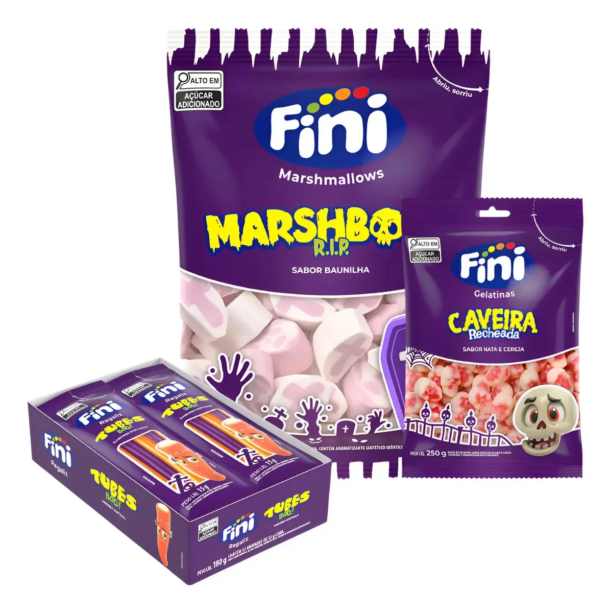 Kit Fini Guloseimas Halloween Tubes Boo Caveira Marshmallows