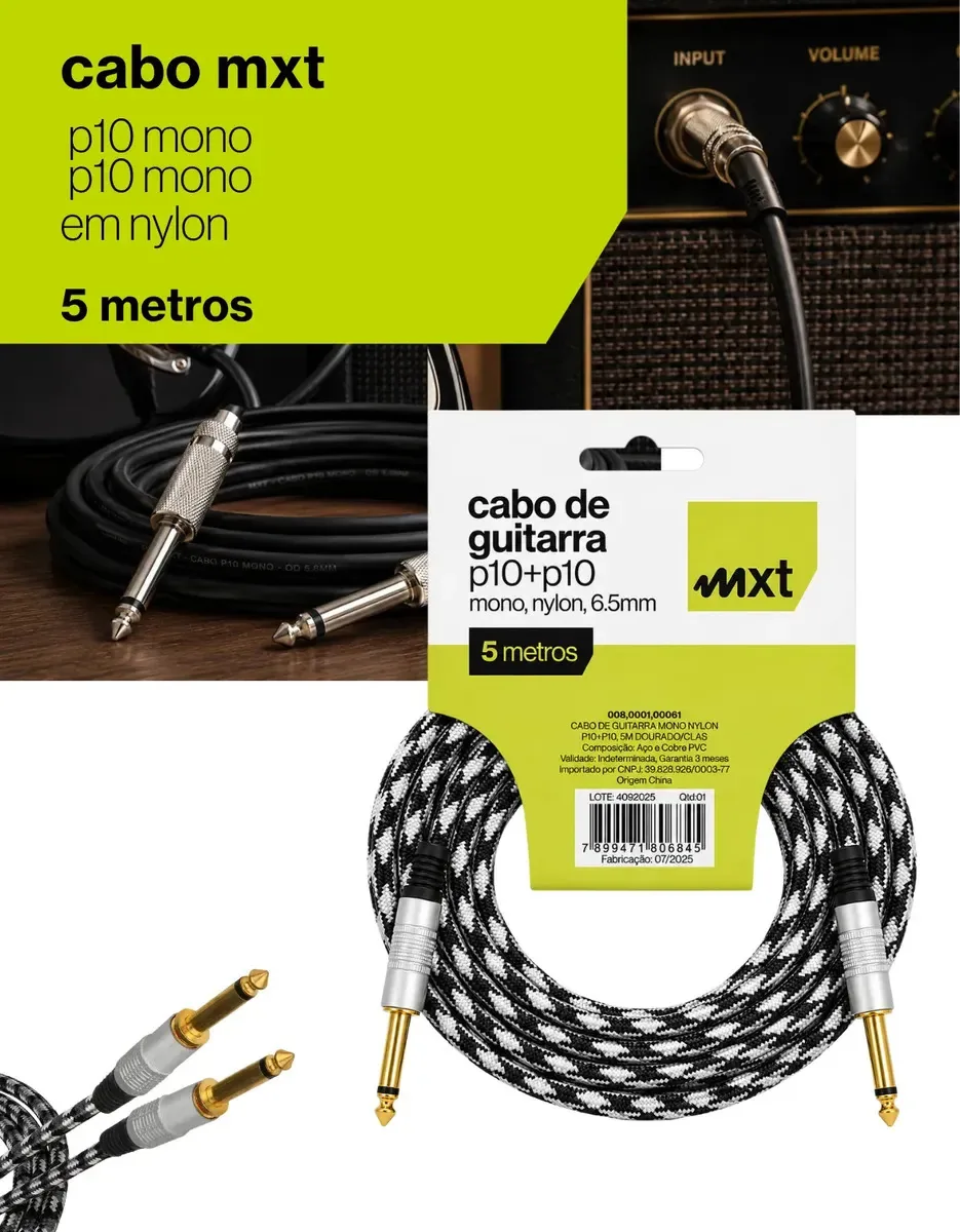 Cabo P10 MXT de 5m para Guitarra, Violão e Instrumentos Musicais com Conectores Dourados