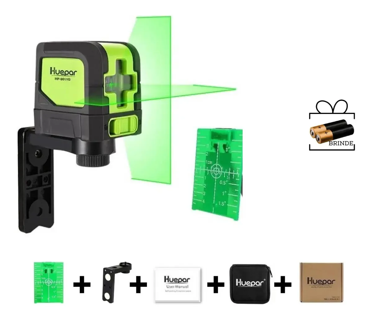 Nível a Laser Verde Huepar 40m 2 Linhas com Suporte e Acessórios