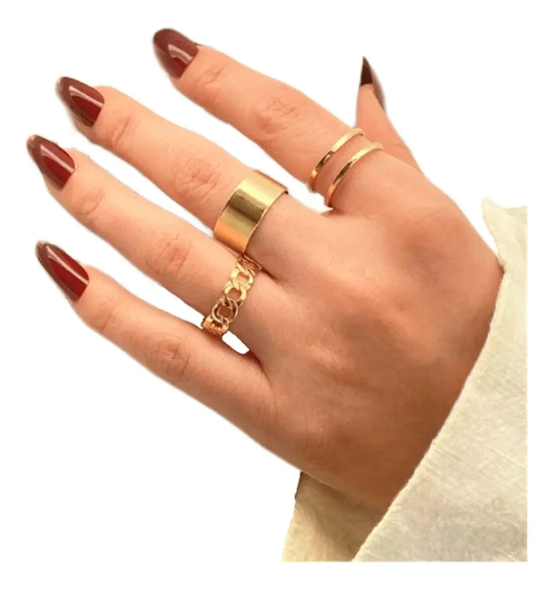 Conjunto 3 Anéis Duas Camadas Minimalistas Ajustável Cor Dourado